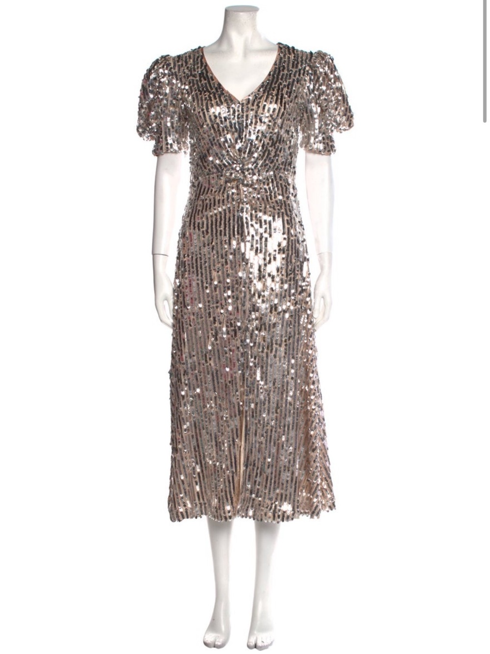 Sequin Midi Dress in Silver with Puff Sleeves